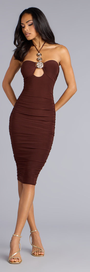 The Eyes On You Halter Midi Dress is your new go-to Windsor dress—effortless, versatile, and made to update your fall style in seconds.