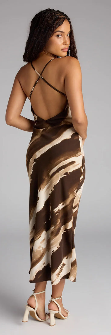 The Paint The Night Abstract Open Back Midi Dress is your new go-to brown dress—effortless, versatile, and made to update your fall style in seconds.
