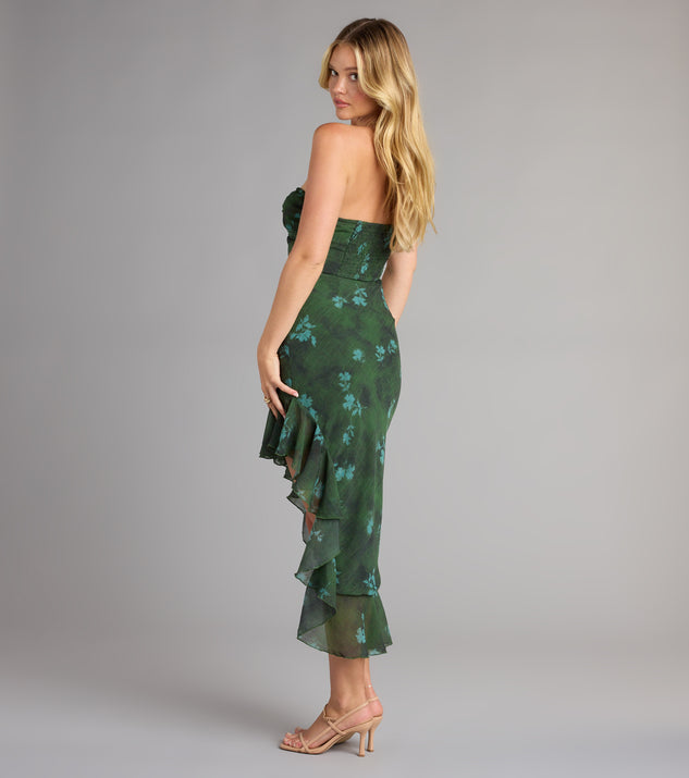 Romance In Bloom Floral Ruffle Slit Midi Dress