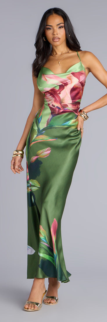 The Sunset Muse Floral Satin Maxi Dress is your new go-to Windsor dress—effortless, versatile, and made to update your fall style in seconds.