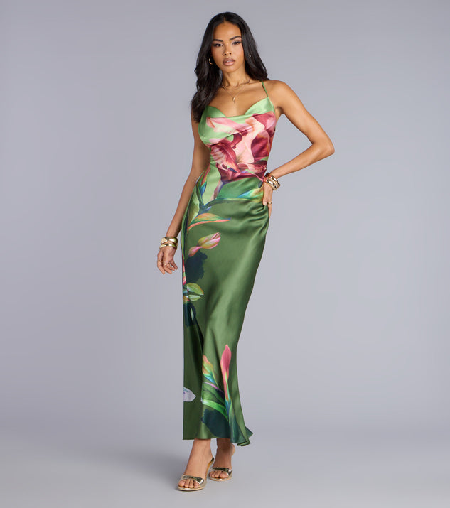 The Sunset Muse Floral Satin Maxi Dress is your new go-to Windsor dress—effortless, versatile, and made to update your fall style in seconds.