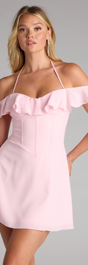lovely nights strapless lace ruffle skater dress Windsor Sweetheart Ruffle Lace Up Skater Dress in Pink | Size: M