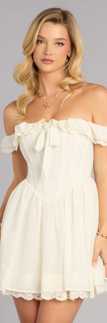 Refresh your look with a skater dress like the Darling Off-Shoulder Skater Dress in ivory, featuring a fit-and-flare silhouette and playful detail for any occasion.