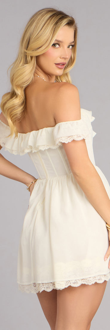 Wear a ivory skater dress for your spring plans like the Darling Off-Shoulder Skater Dress designed with a flared skirt, defined waist, and feminine style for effortless movement.