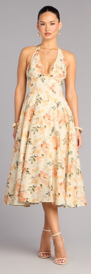 Set For Spring Halter Corset Floral Midi Dress in Ivory | Size: XXS | Woven Fabric | Windsor Set For Spring Halter Corset Floral Midi Dress in Ivory | Size: XXS | Woven Fabric | Windsor
