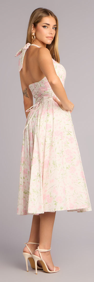 Petals And Plans Halter Lace-Up Midi Dress