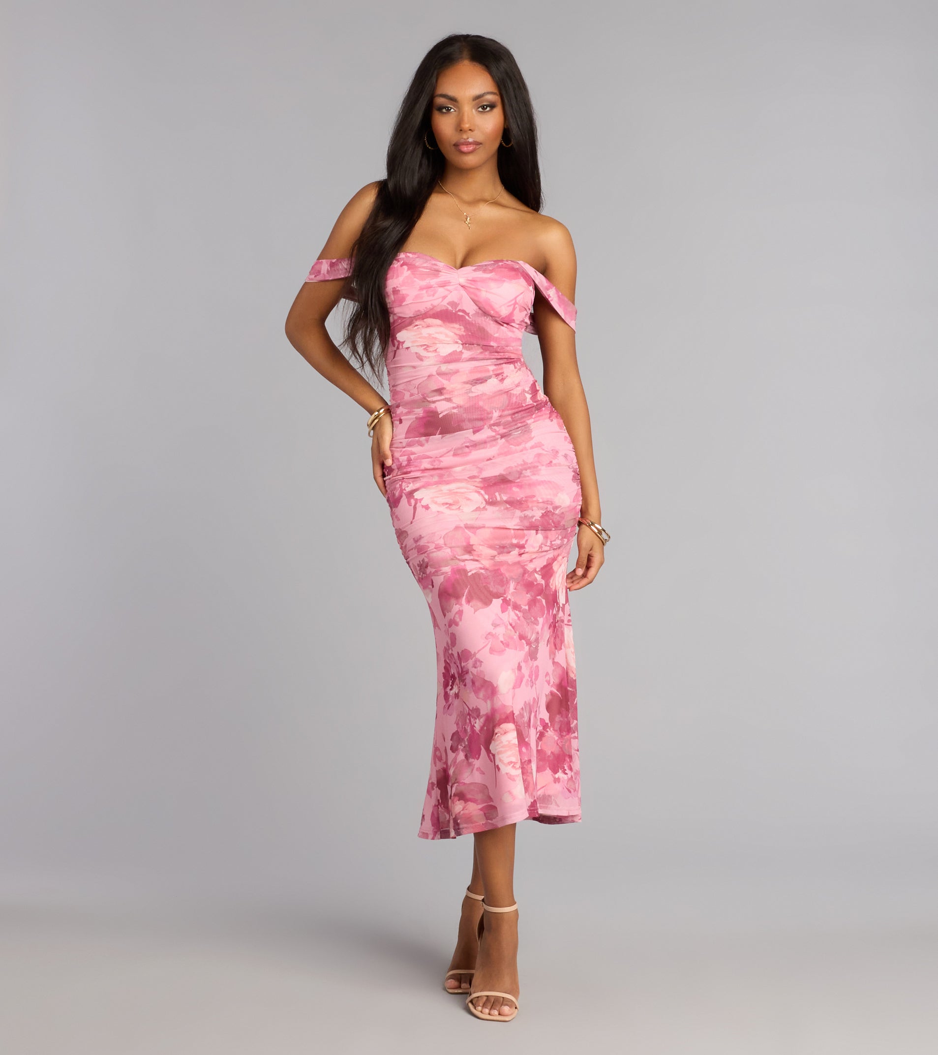 Flirty Agenda Floral Mesh Off-The-Shoulder Midi Dress | Windsor