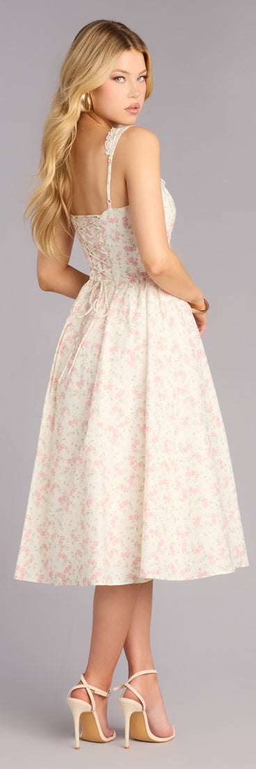 Garden Party Plans Floral Lace-Up Midi Dress