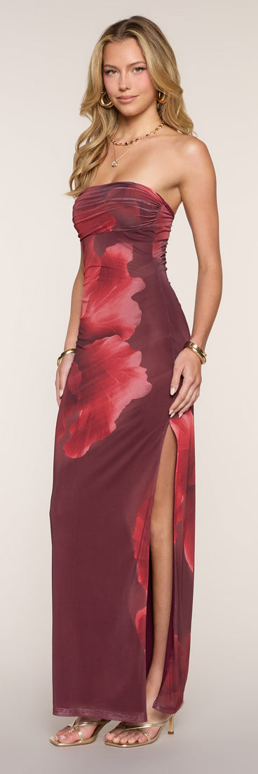 Major Energy Strapless Floral Mesh Maxi Dress