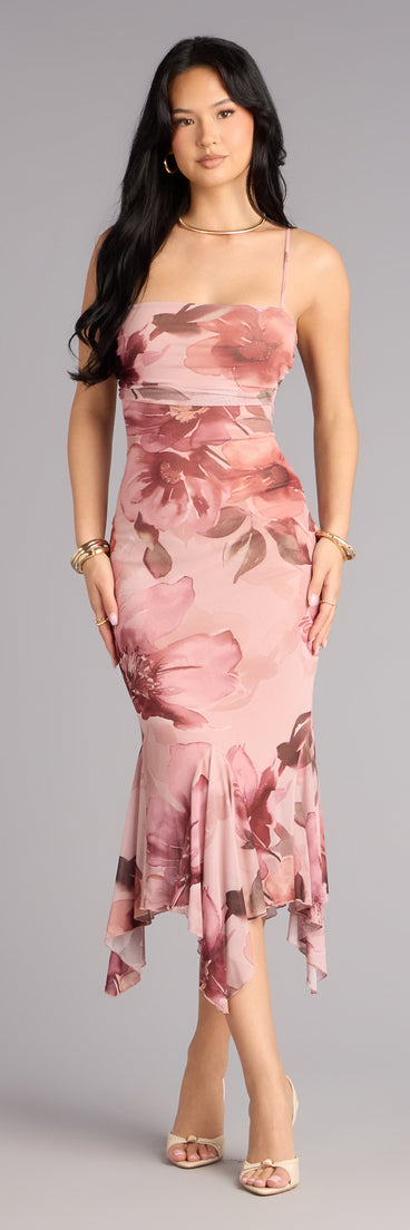 Sweet Flirt Floral Mesh Ruffle Midi Dress