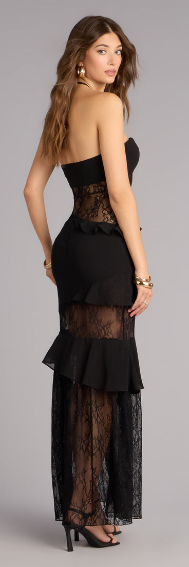 Save the Date Lace Halter Ruffle Maxi Dress