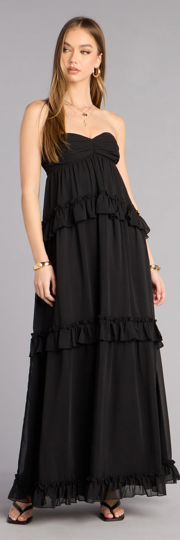 Wear a maxi dress to update your warm-weather looks like the Soft Drama Chiffon Ruffle A-Line Maxi Dress in black featuring a floor-length silhouette, flattering shape, and a comfortable feel for day or evening wear.