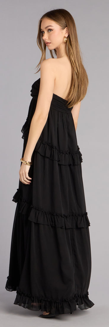 Choose a maxi dress from Windsor for weekend getaways and elevated spring outfits like the Soft Drama Chiffon Ruffle A-Line Maxi Dress in black designed with a floor-length silhouette, soft movement, and modern detail for versatile wear.