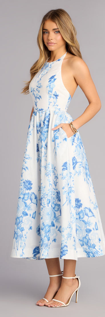 blue and white floral midi dress Garden RSVP Floral Midi Dress in White | Size: XS