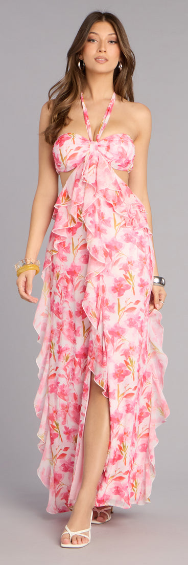Double Take Floral Chiffon Ruffle Maxi Dress