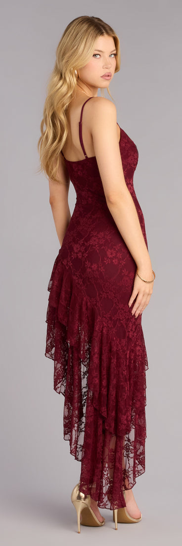 Style a midi dress like RSVP Ready Lace Asymmetric Ruffle Midi Dress in wine with a balanced silhouette, comfortable fit, and versatile design for any occasion.