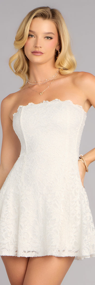 Refresh your look with a skater dress like the Dazzle Hour Strapless Lace Skater Dress in white, featuring a fit-and-flare silhouette and playful detail for any occasion.
