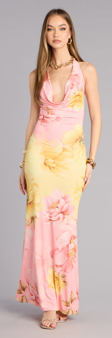Wear a maxi dress to update your warm-weather looks like the Sunset Garden Floral Cowl Neck Maxi Dress in pink featuring a floor-length silhouette, flattering shape, and a comfortable feel for day or evening wear.