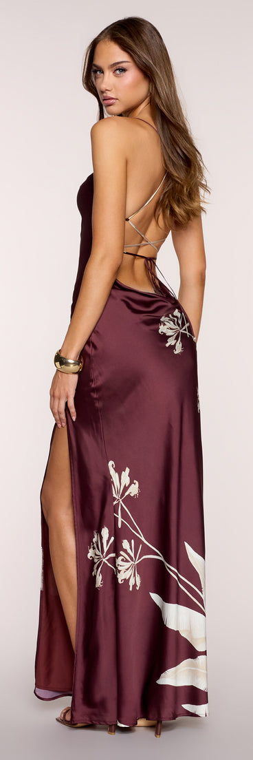 RSVP Season Floral Satin Lace-Up Maxi Dress