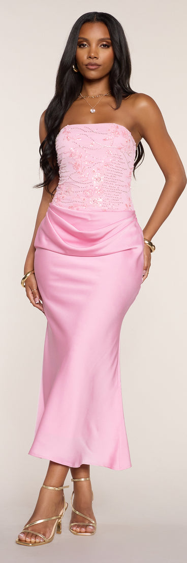 Windsor Satin Glow Strapless Beaded Midi Dress in Pink | Size: L Windsor Satin Glow Strapless Beaded Midi Dress in Pink | Size: L