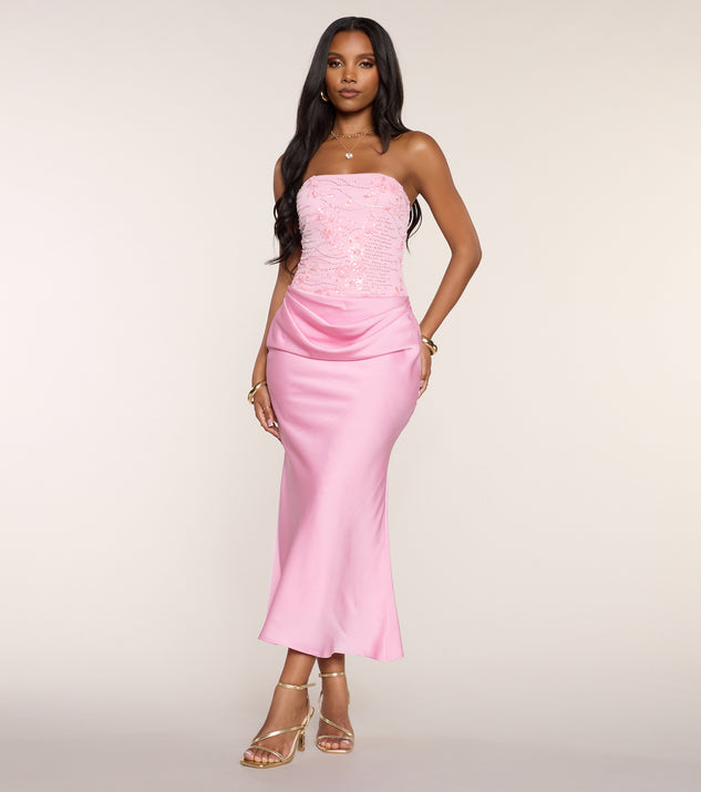 pink satin midi dress Satin Glow Strapless Beaded Midi Dress