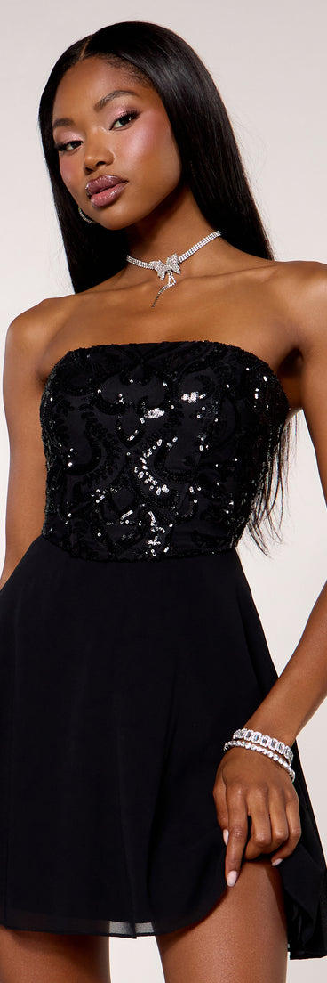 Glow Note Sequin Strapless A-Line Mini Dress