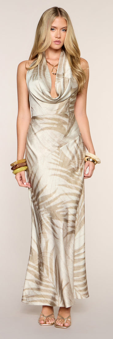 Escape Plan Tropical Satin Halter Maxi Dress