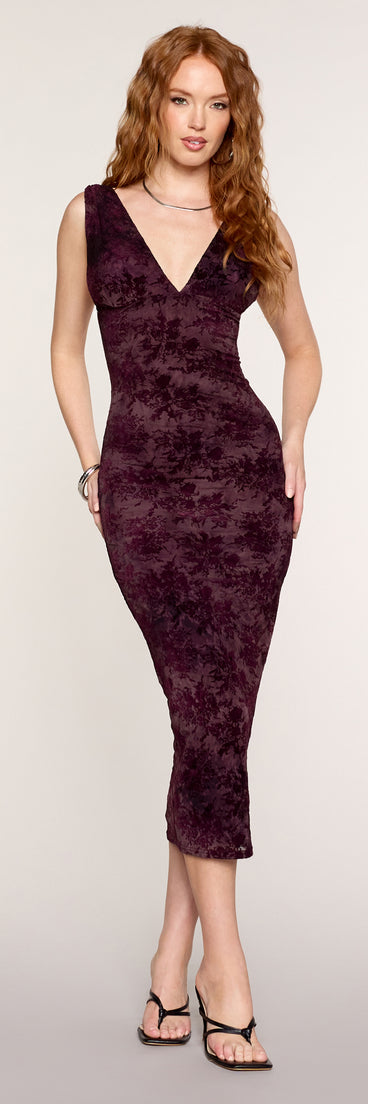 Moody Bloom Velvet Flocked Floral Midi Dress