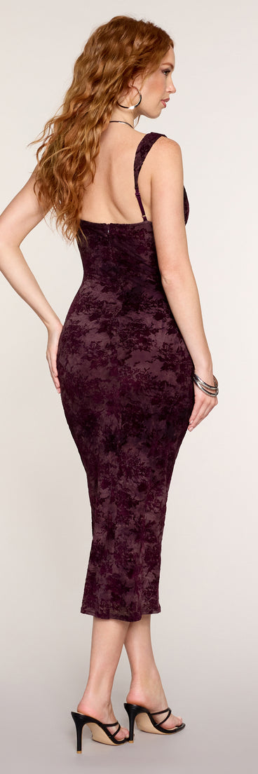 Moody Bloom Velvet Flocked Floral Midi Dress