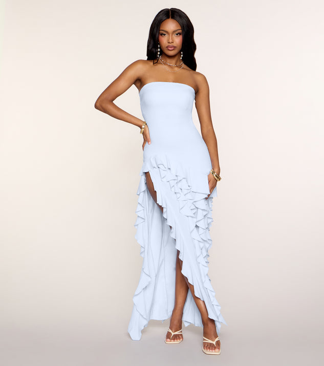 sweetina ruched asymmetrical hem tube dress Flirty Moves Ruffle Slit Midi Size:XXSMALL Olive Green MODEL Information Sherri Hill Dress 53489