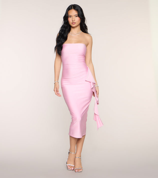 pink midi evening dress Pink Pearl Embellished Strapless Midi Dress main image 1