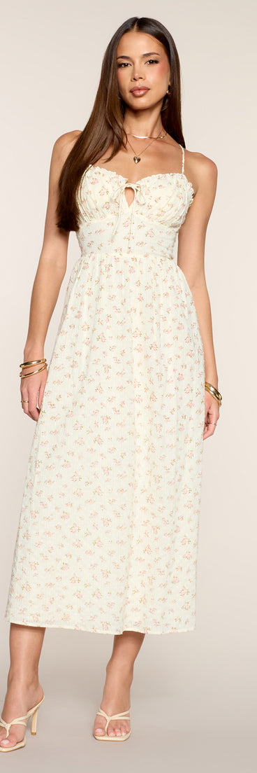 floral strappy midi dress Pretty Breeze Floral Strappy Midi Dress in Ivory | Size: S | Woven Fabric
