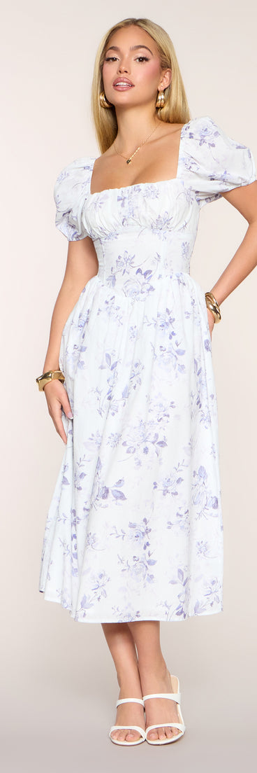 Day Date Floral Print Puff Sleeve Midi Dress