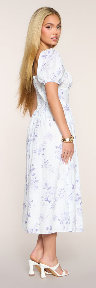 Day Date Floral Print Puff Sleeve Midi Dress