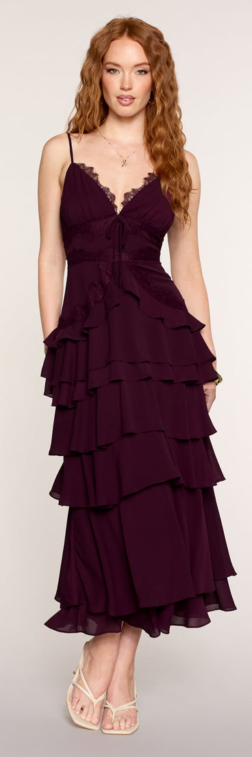 Ruffle Romance Lace-Trim Chiffon Maxi Dress