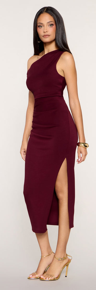 Sleek Angle One Shoulder Side Slit Bodycon Midi Dress