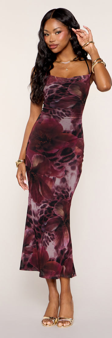 Captivating Floral Mesh Lace-Up Midi Dress