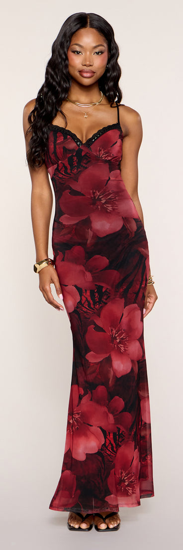 Blooming Beauty Floral Print Mesh Maxi Dress in Black | Size: M | Knit Fabric/Mesh Fabric/Sheer Mesh Fabric