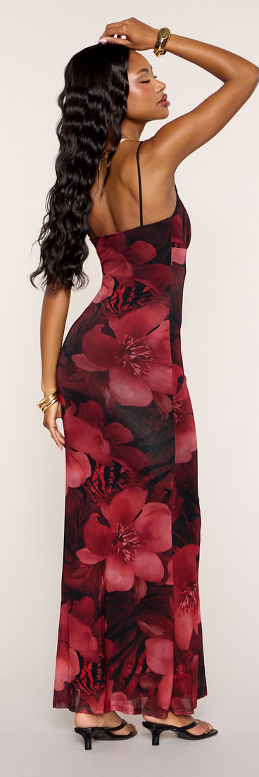 Blooming Beauty Floral Print Mesh Maxi Dress in Black | Size: M | Knit Fabric/Mesh Fabric/Sheer Mesh Fabric