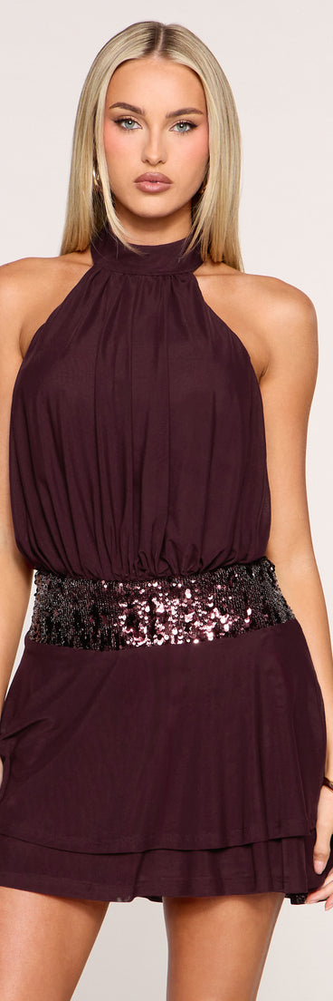 Dazzling Sequin Waist Halter Mini Dress