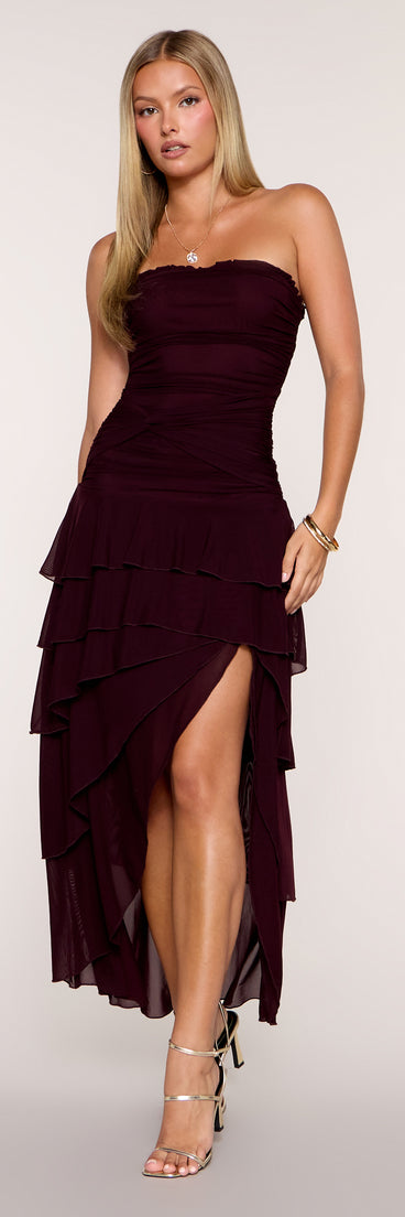Ruffle Theory Ruched Strapless High Slit Maxi Dress