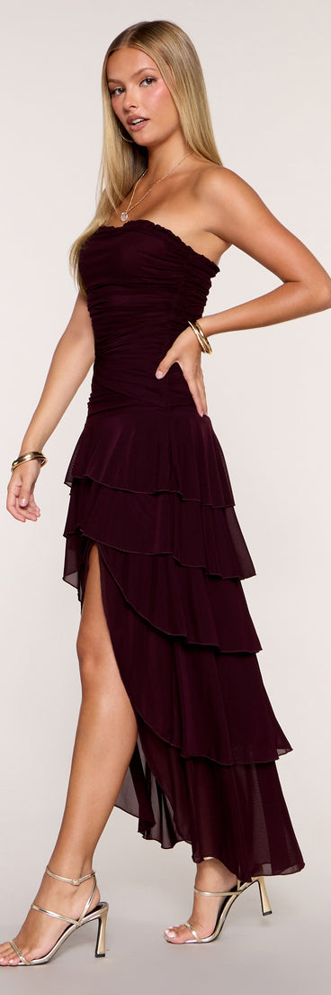 Ruffle Theory Ruched Strapless High Slit Maxi Dress