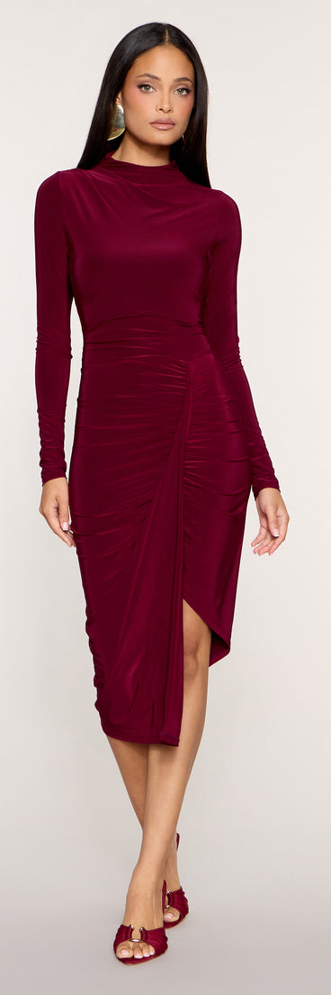 Sleek Gather Long Sleeve Bodycon Midi Dress