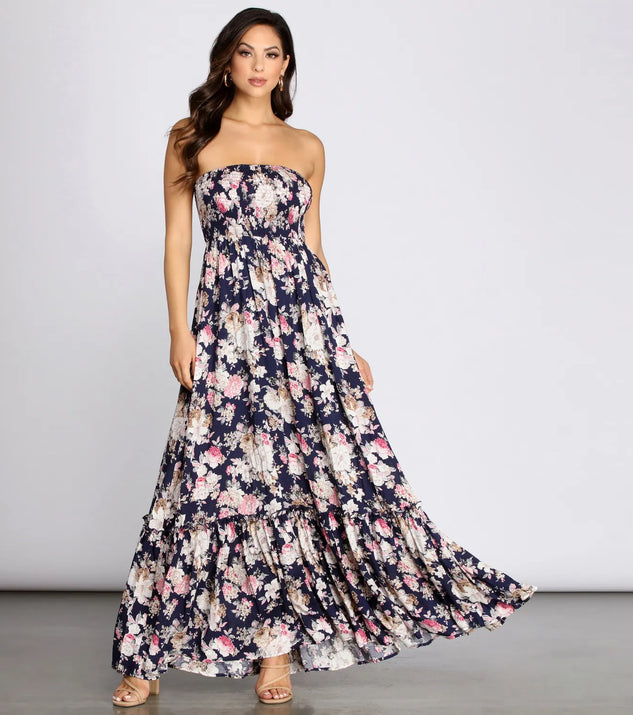 Getaway Girl Floral Smocked Tube Maxi Dress