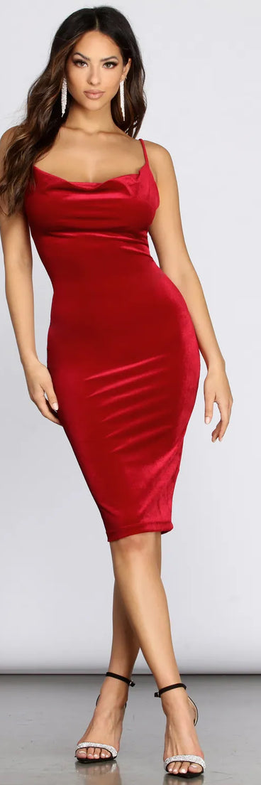 Cowl Neck Velvet Midi Dress