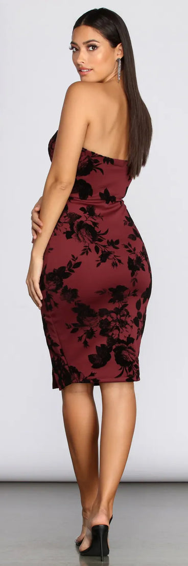 Budding Romance Flocked Tube Midi Dress