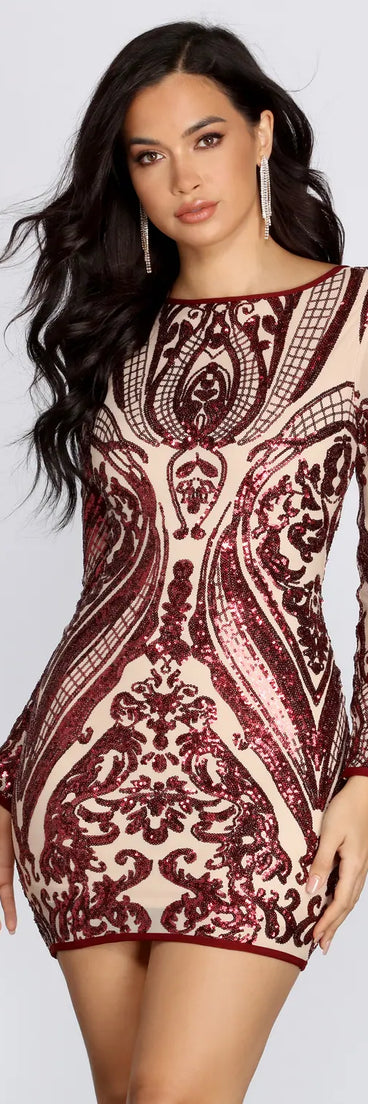Slay In Sequins Damask Mini Dress