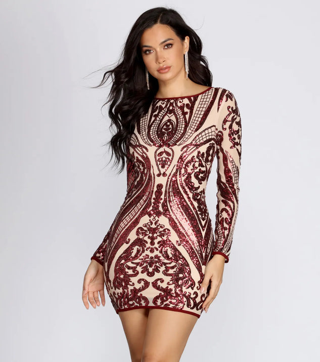 Slay In Sequins Damask Mini Dress