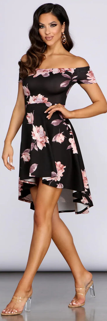 Sweetest Look Floral Off Shoulder High Low Skater Dress