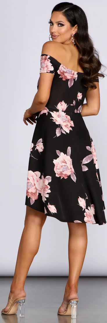 Sweetest Look Floral Off Shoulder High Low Skater Dress